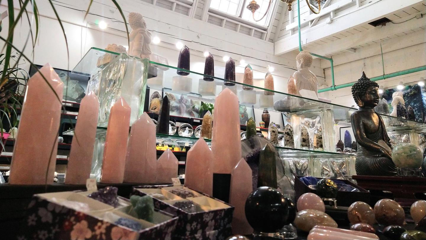 Shelves of polished towers & spheres