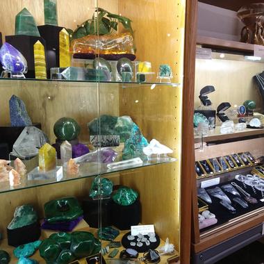 Glass cabinet containing various polished pieces